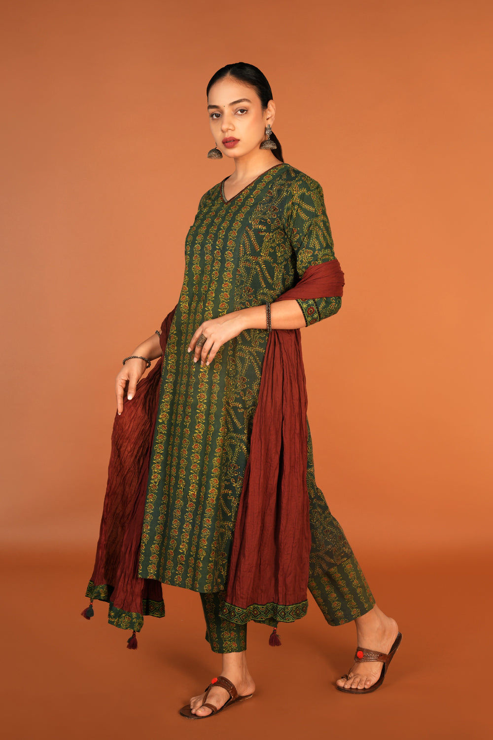 Image of Forest Green Ajrak handblock printed kurta with dupatta set